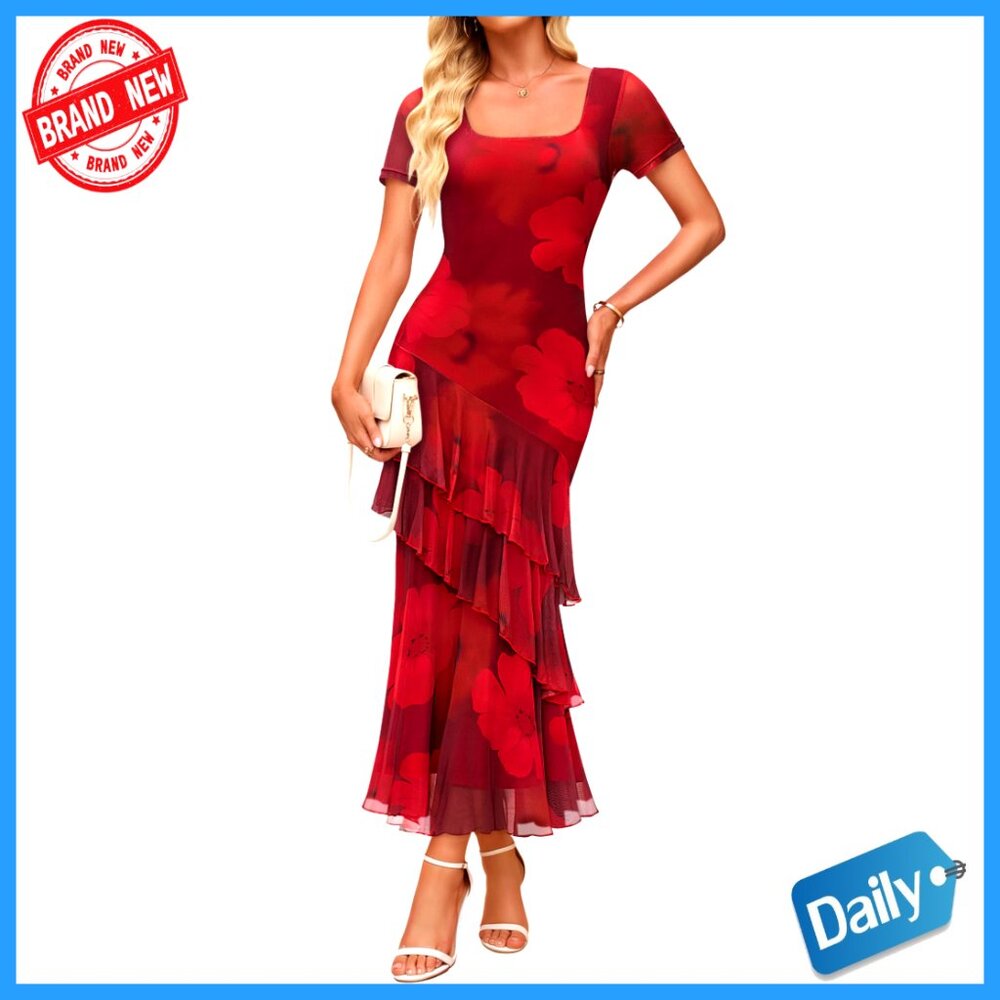 Floral Mesh Bodycon Maxi Dress Square Neck Ruffle Cocktail Wedding Party